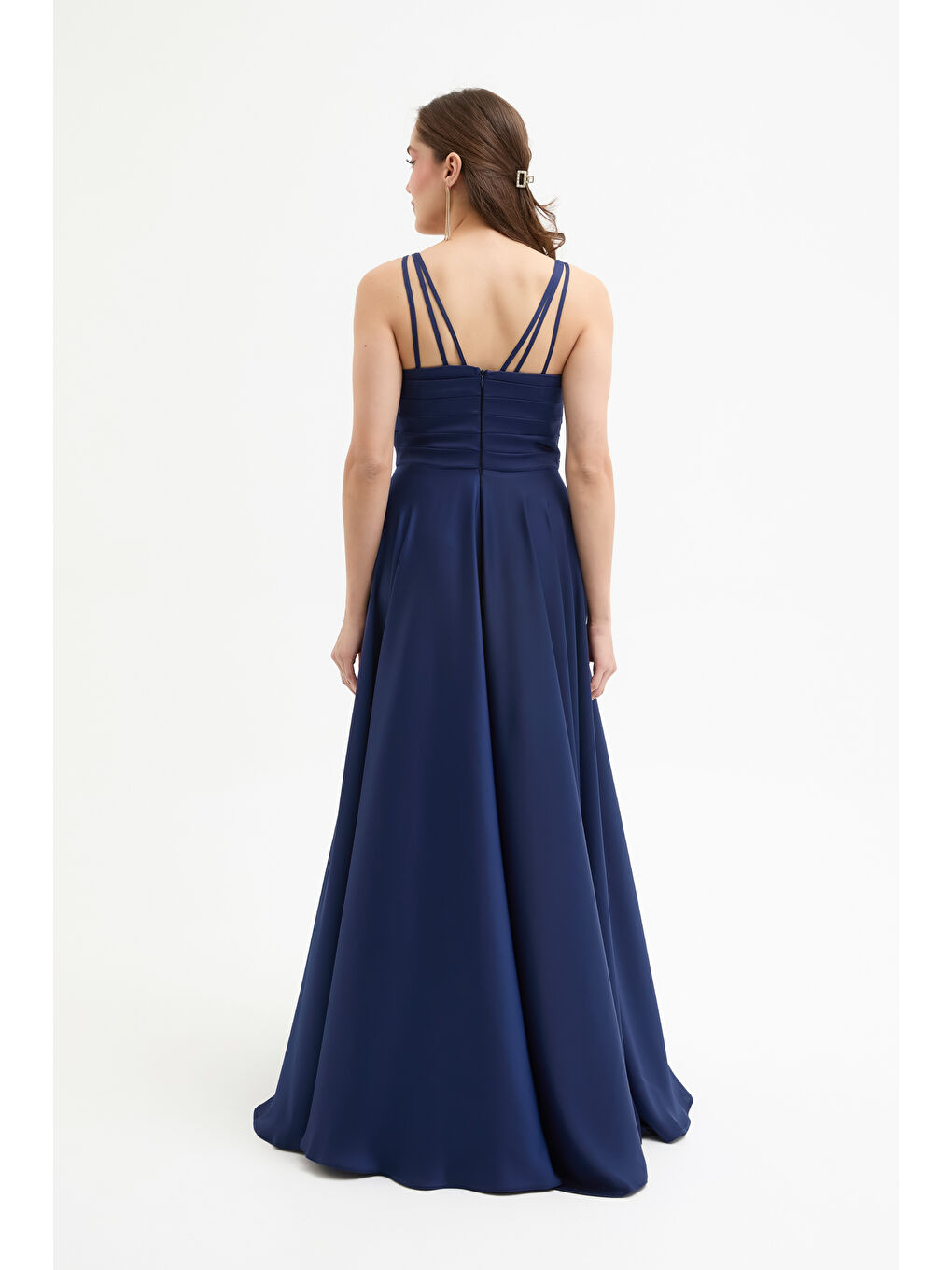 Kadın Lacivert Gold Aksesuarlı Uzun Abiye Elbise-4