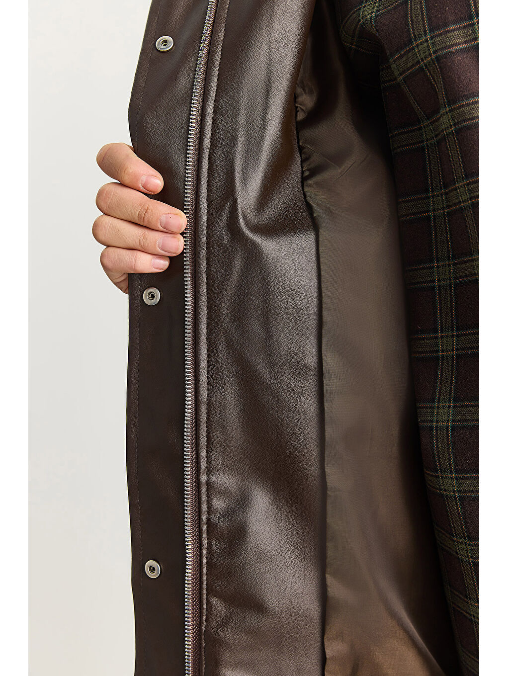 Kahverengi Kadın Oversize Fermuarlı Büyük Cep Detaylıb Astarlı Suni Deri Ceket-6