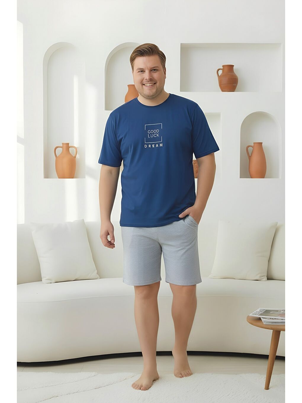 İndigo %100 Pamuklu Kısa Kollu Cepli Büyük Beden Erkek Şortlu Pijama Takımı 2035