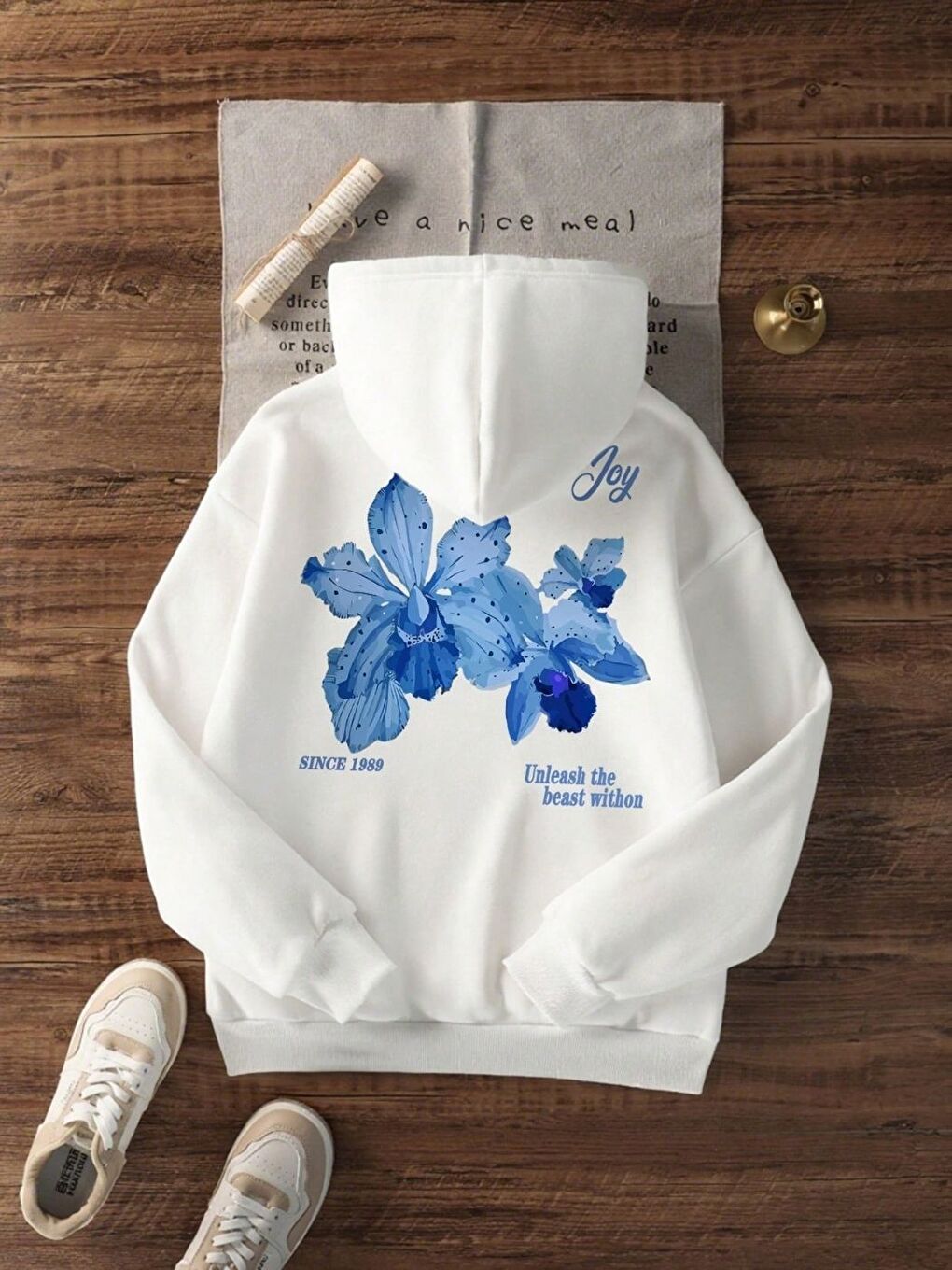 Kadın Beyaz Simple Joy Baskılı Oversize Kapüşonlu Sweatshirt Hoodie-2