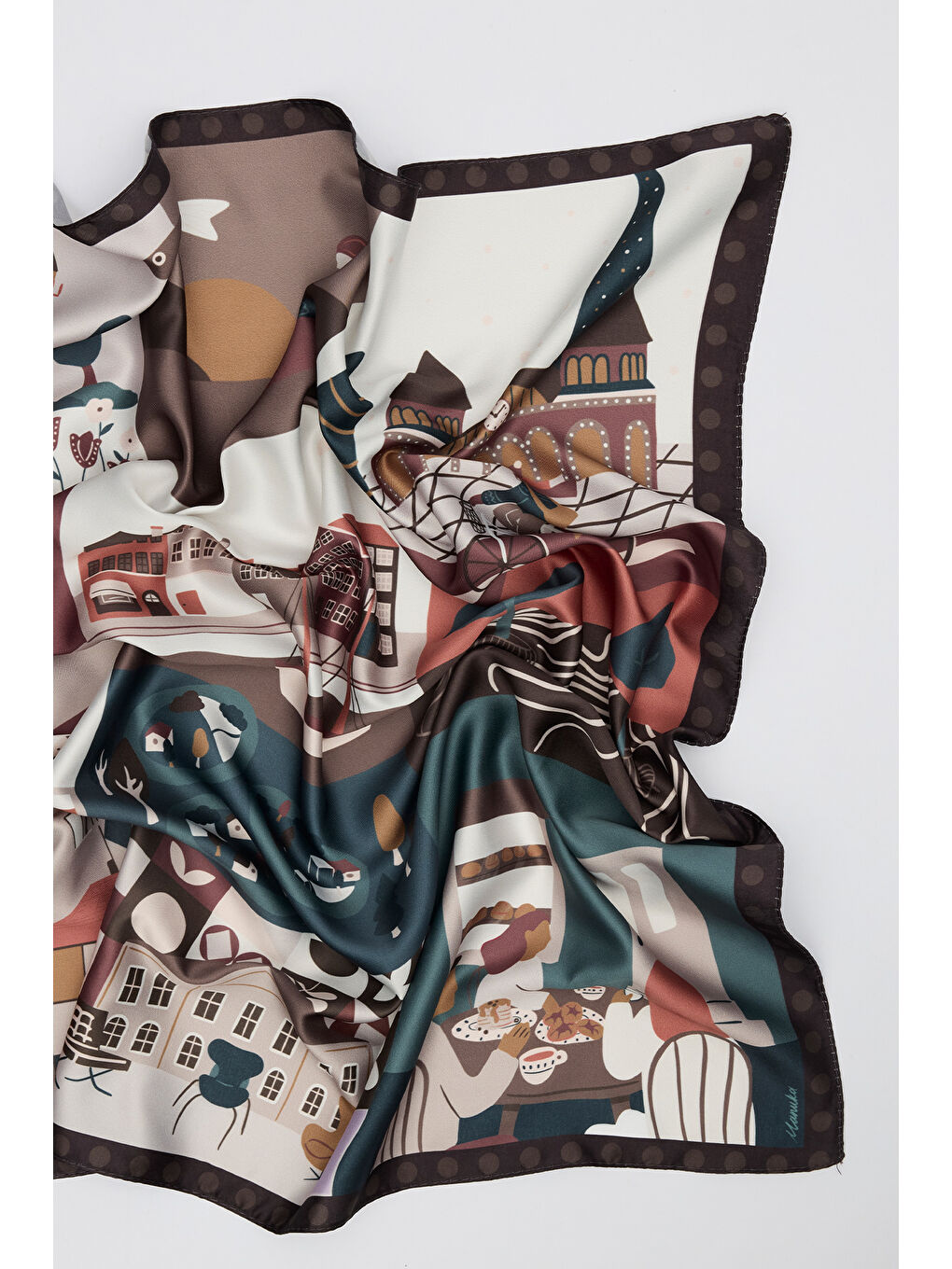 Haki Desenli Orta Boy Saten Fular Cıty-1