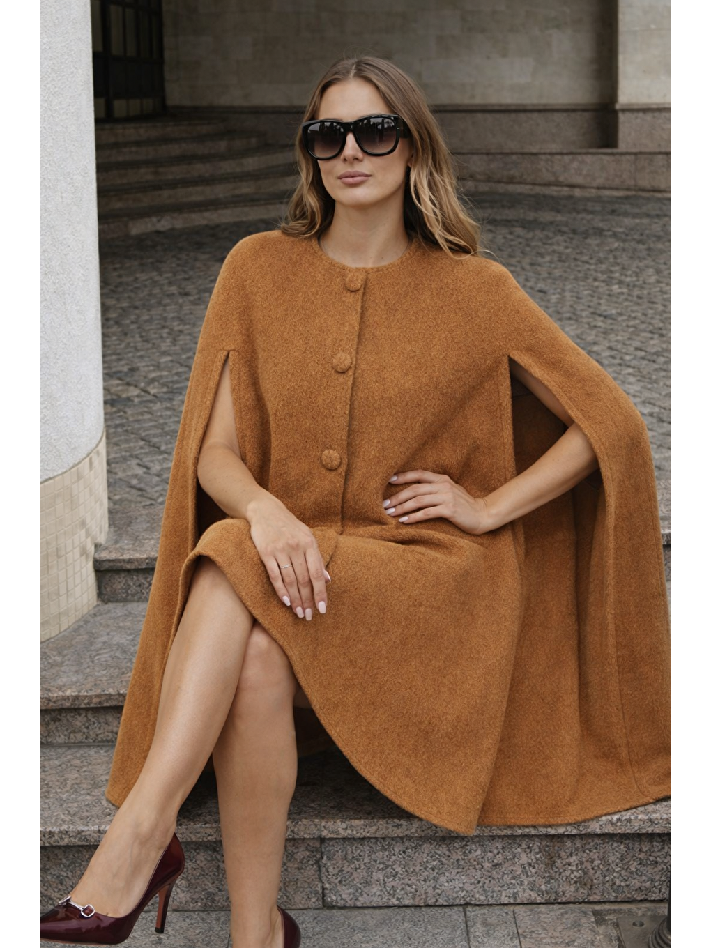 Kahverengi Kadın Kolsuz Relax Fit Kahve Kaşe Panço-4