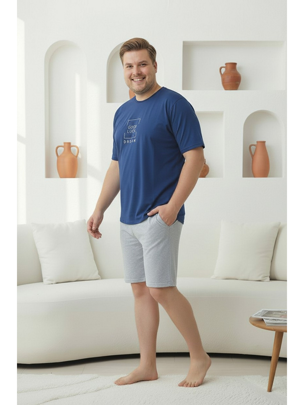 İndigo %100 Pamuklu Kısa Kollu Cepli Büyük Beden Erkek Şortlu Pijama Takımı 2035-1