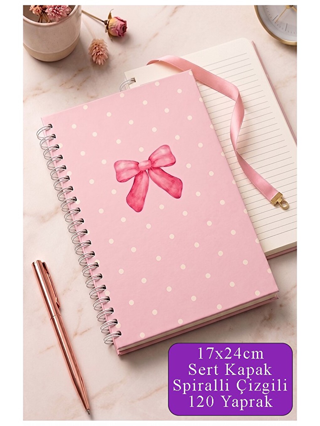 Pembe Sert Kapak Spiralli Çizgili Defter 17x24cm 120 Yaprak 1 Adet Not Defteri Okul Büro Ofis Defter
