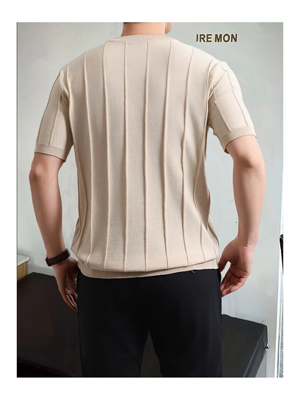 Bej Erkek Slim Dar Bisiklet Yaka Düz Triko T-Shirt-1