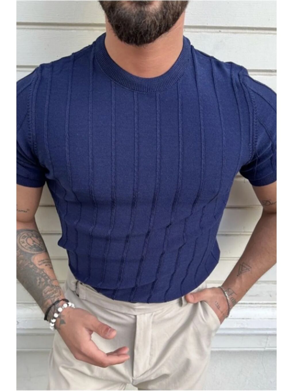 Lacivert Erkek Slim Dar Bisiklet Yaka Düz Triko T-Shirt-2