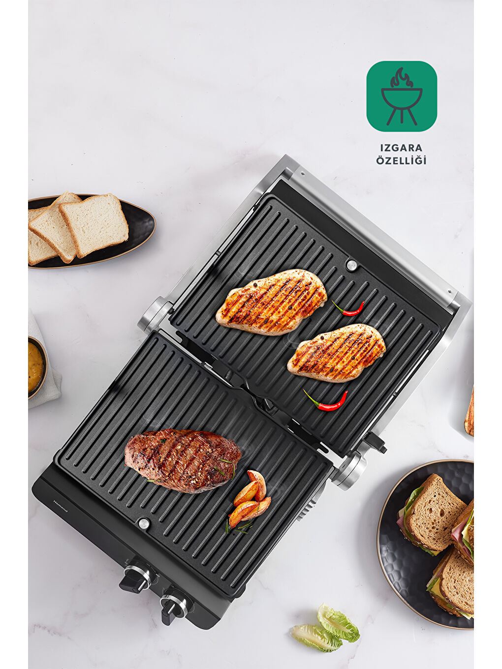 Grilliant 1342H 3 in 1 Inox Gövde Çift Taraflı XL Döküm Plaka Tost ve Izgara Makinesi-2