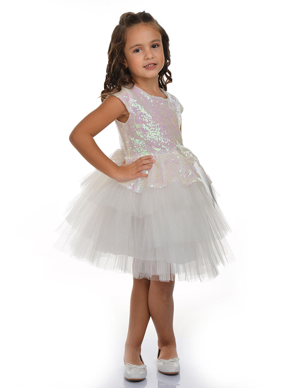 Beyaz Pul Payet Tütü Parti Elbisesi MNK0275-6