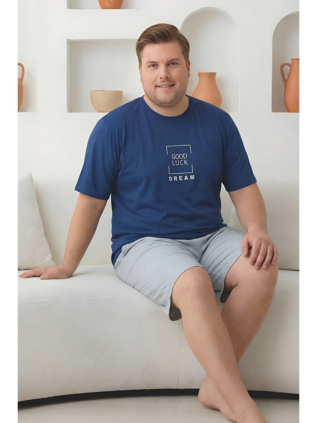 İndigo %100 Pamuklu Kısa Kollu Cepli Büyük Beden Erkek Şortlu Pijama Takımı 2035-3