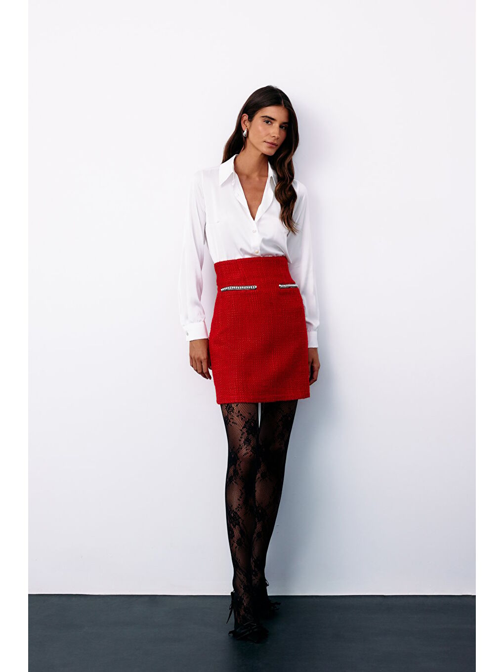 Aksesuar Detaylı Tüvit Etek - Kırmızı-4