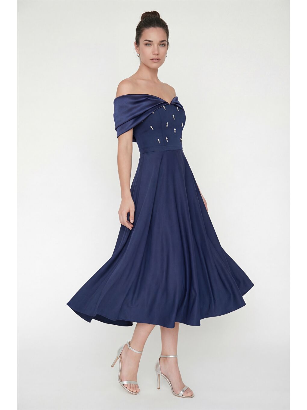 Kadın Lacivert Kayık Yaka Taş Detay Kloş Söz Nişan Nikah Abiye Elbise-1