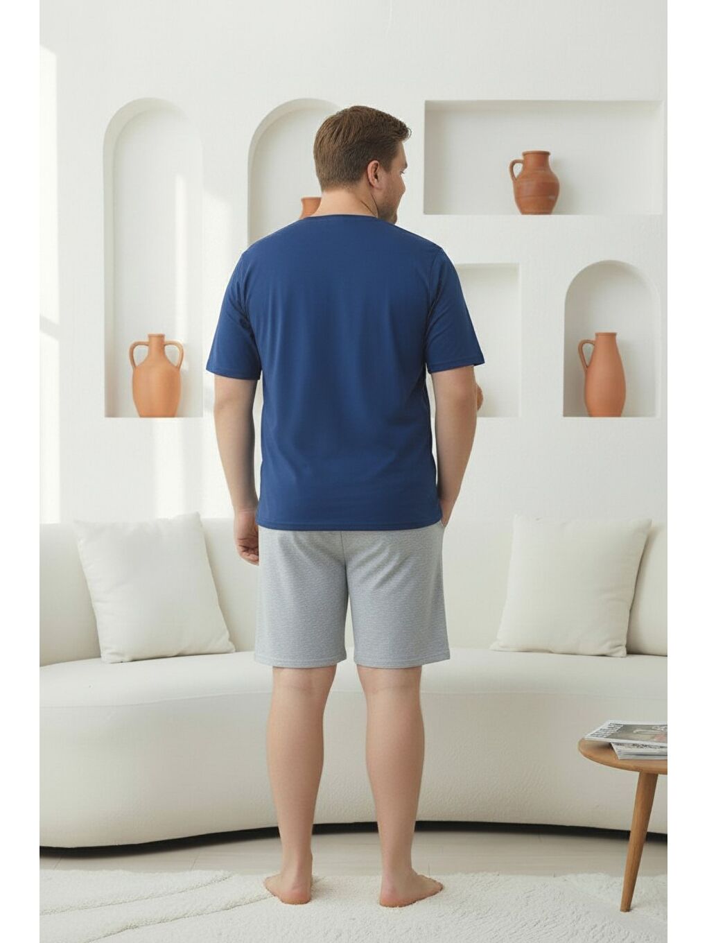 İndigo %100 Pamuklu Kısa Kollu Cepli Büyük Beden Erkek Şortlu Pijama Takımı 2035-4