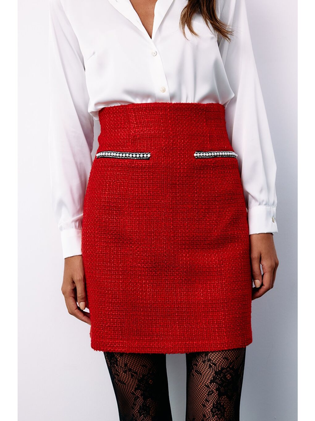 Aksesuar Detaylı Tüvit Etek - Kırmızı-5
