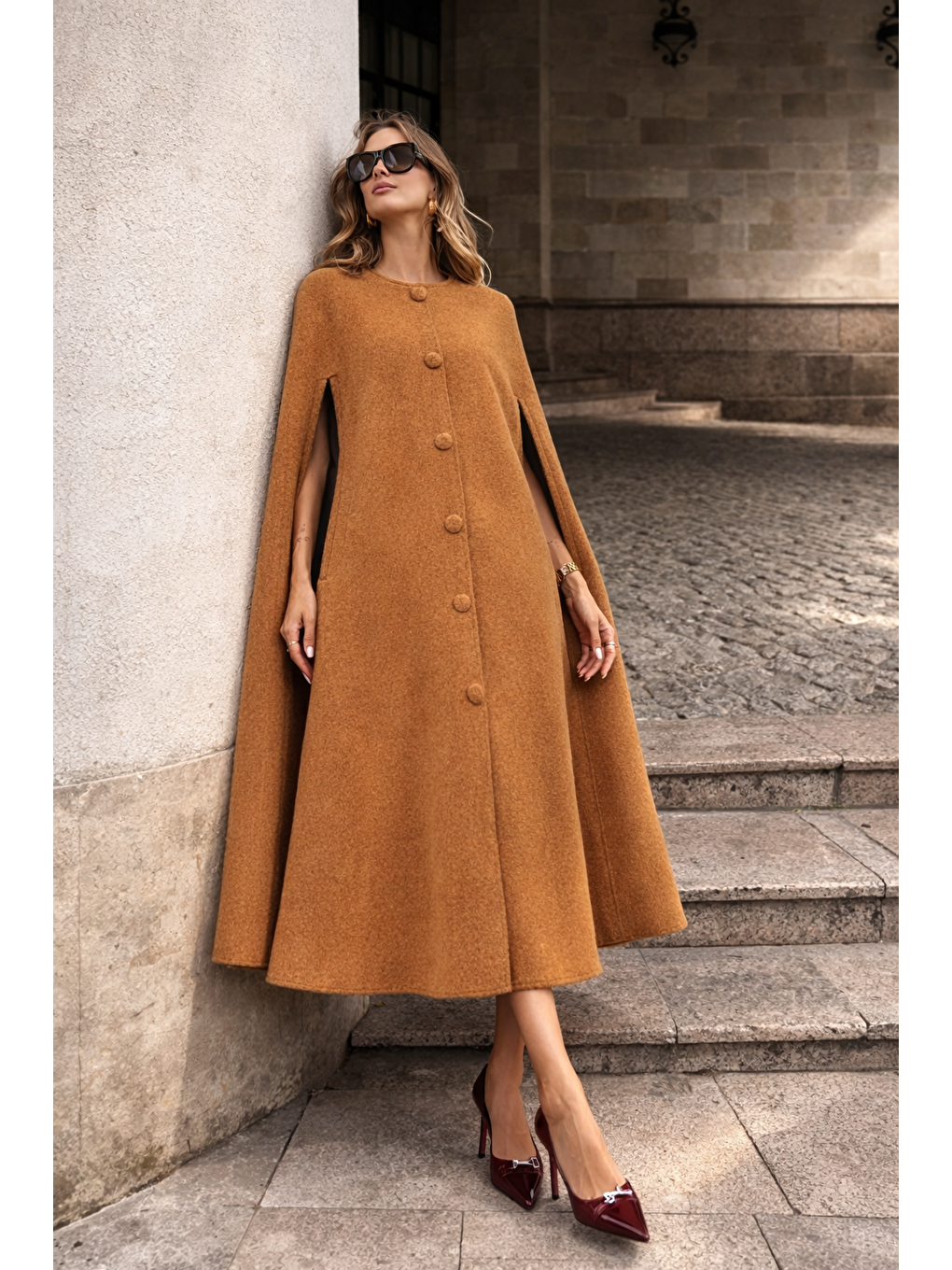 Kahverengi Kadın Kolsuz Relax Fit Kahve Kaşe Panço-5