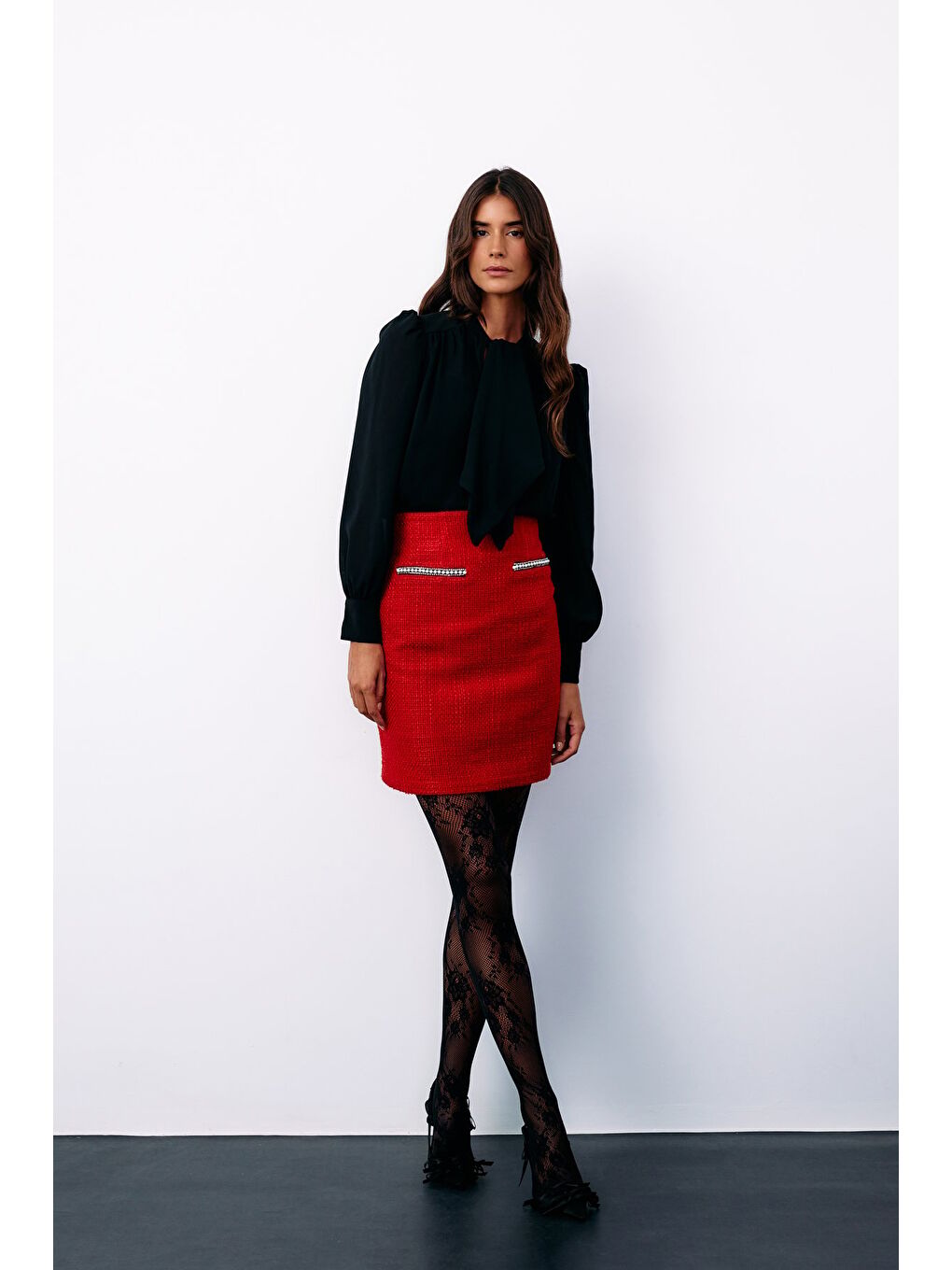 Aksesuar Detaylı Tüvit Etek - Kırmızı-6