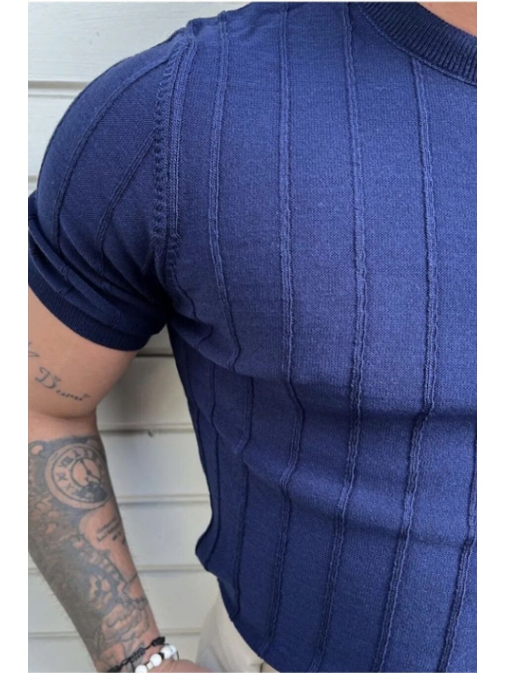 Lacivert Erkek Slim Dar Bisiklet Yaka Düz Triko T-Shirt-3