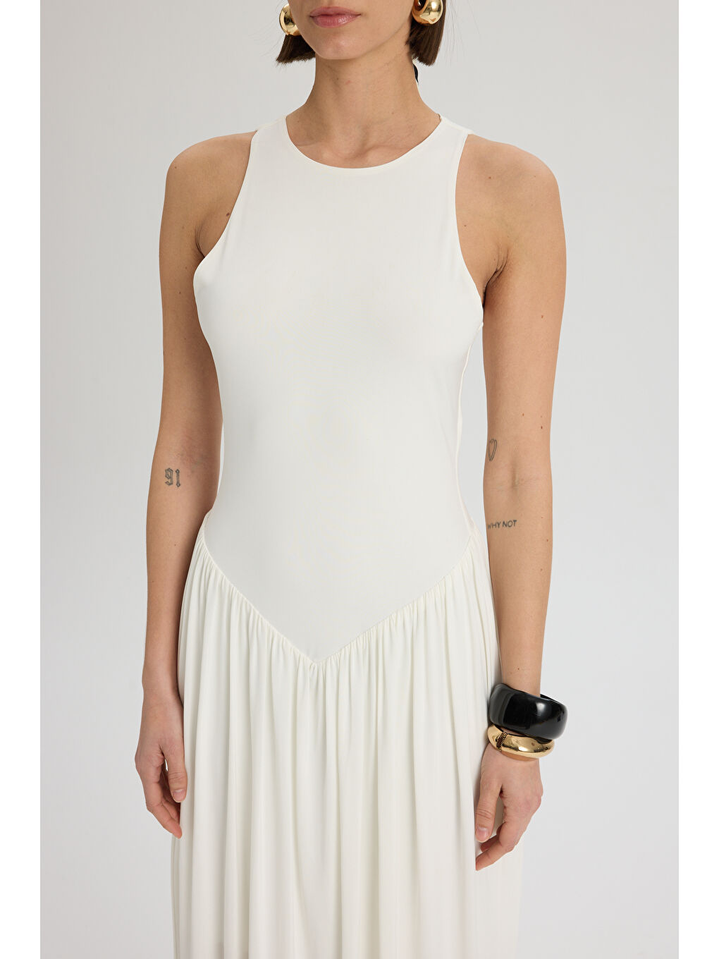 Alenya Üçgen Detay Ekru Uzun Elbise-6