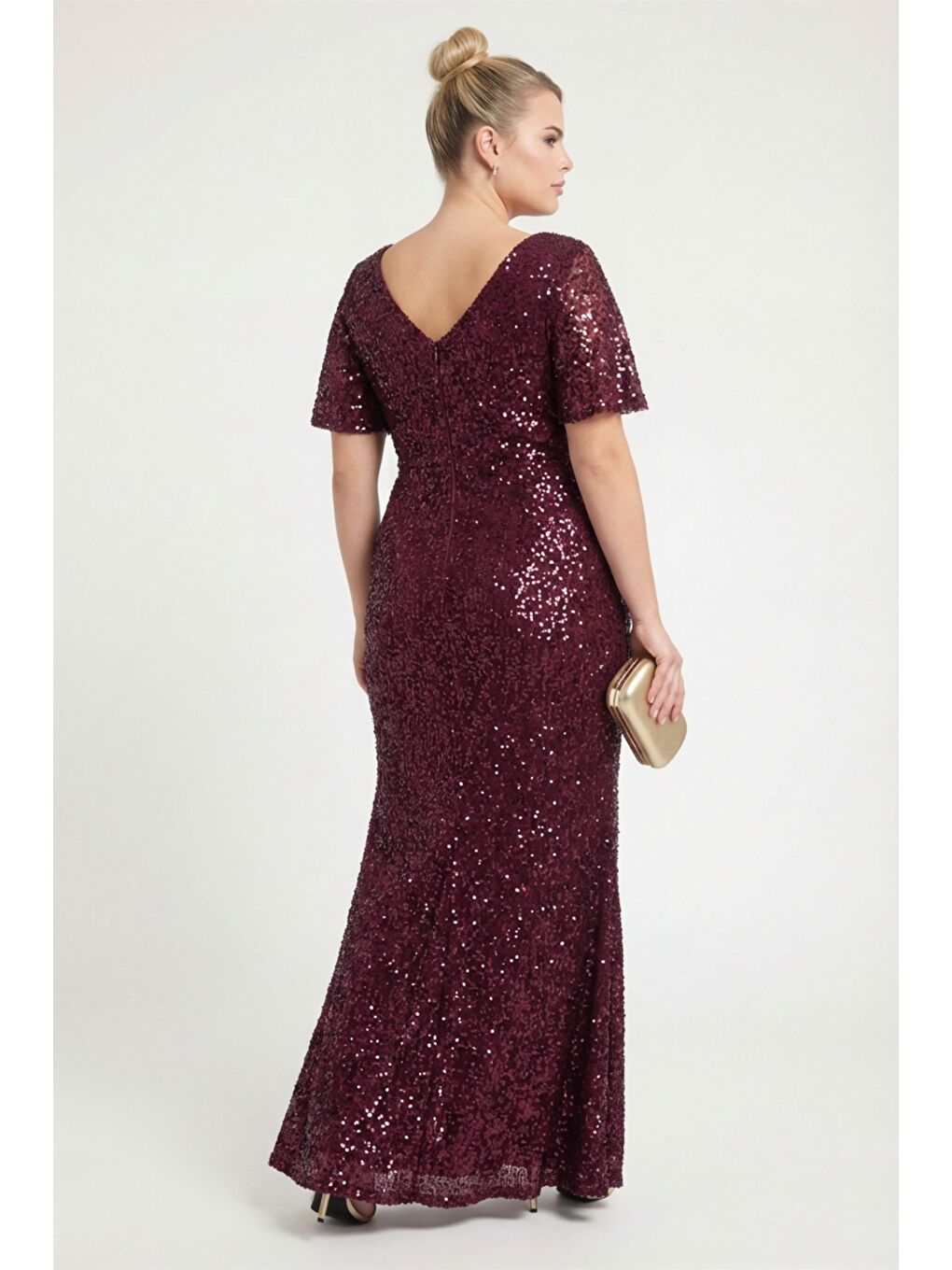 Kadın Mürdüm Dar Kalıp Degaje Yaka Pul Payet Büyük Beden Uzun Abiye-4