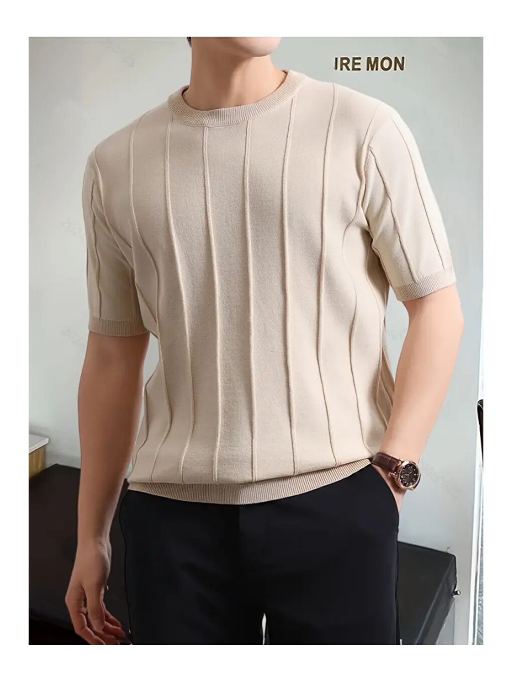 Bej Erkek Slim Dar Bisiklet Yaka Düz Triko T-Shirt-2