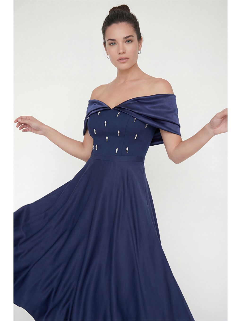 Kadın Lacivert Kayık Yaka Taş Detay Kloş Söz Nişan Nikah Abiye Elbise-2