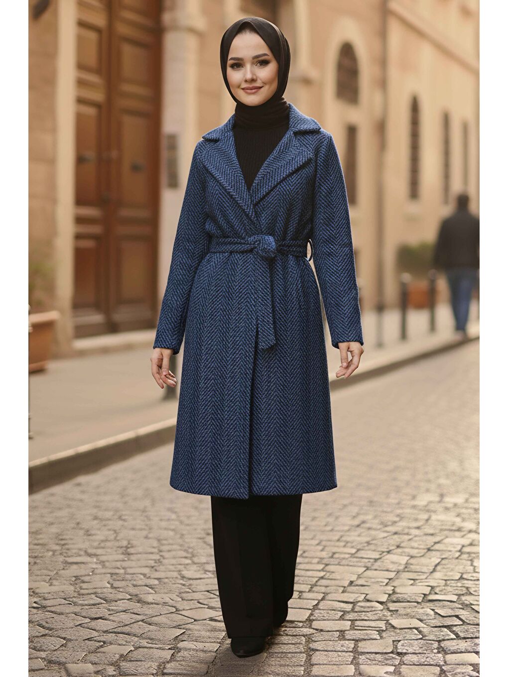 Desenli Kuşaklı Kaşe Kaban Lacivert - 28095-LACIVERT-1