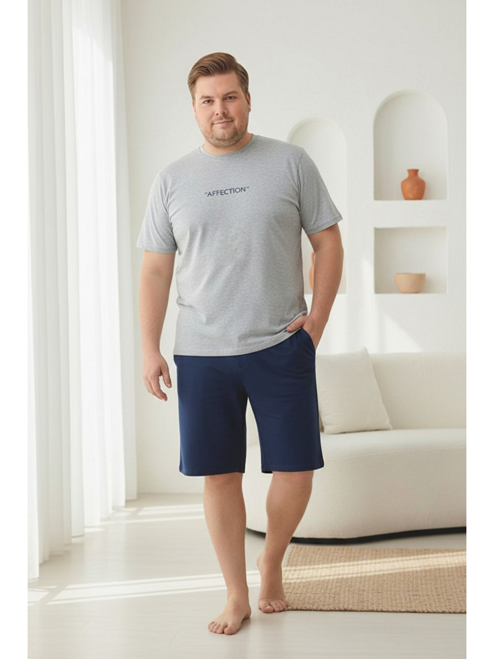 Gri %100 Pamuklu Kısa Kollu Cepli Büyük Beden Erkek Şortlu Pijama Takımı 2035