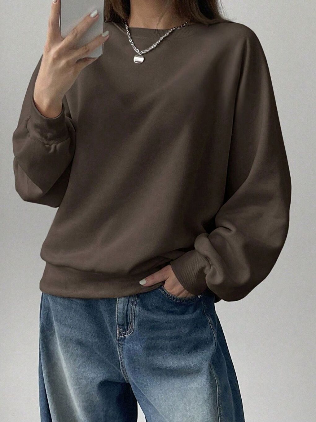 Kahverengi Kadın Kahve Düz Bisiklet Yaka Sweatshirt