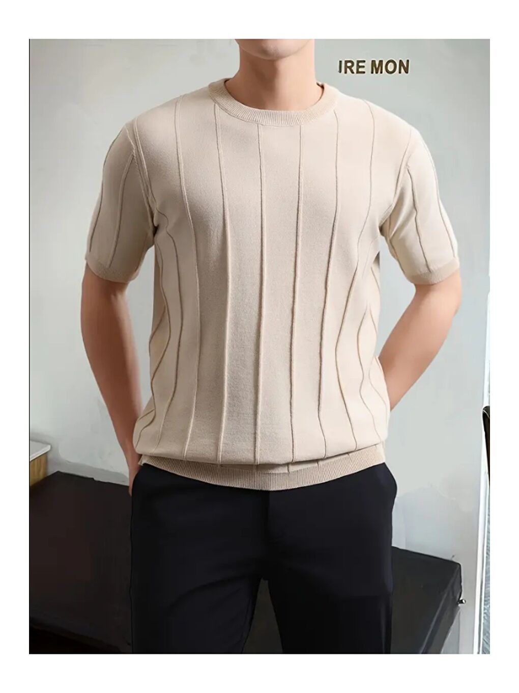 Bej Erkek Slim Dar Bisiklet Yaka Düz Triko T-Shirt-3