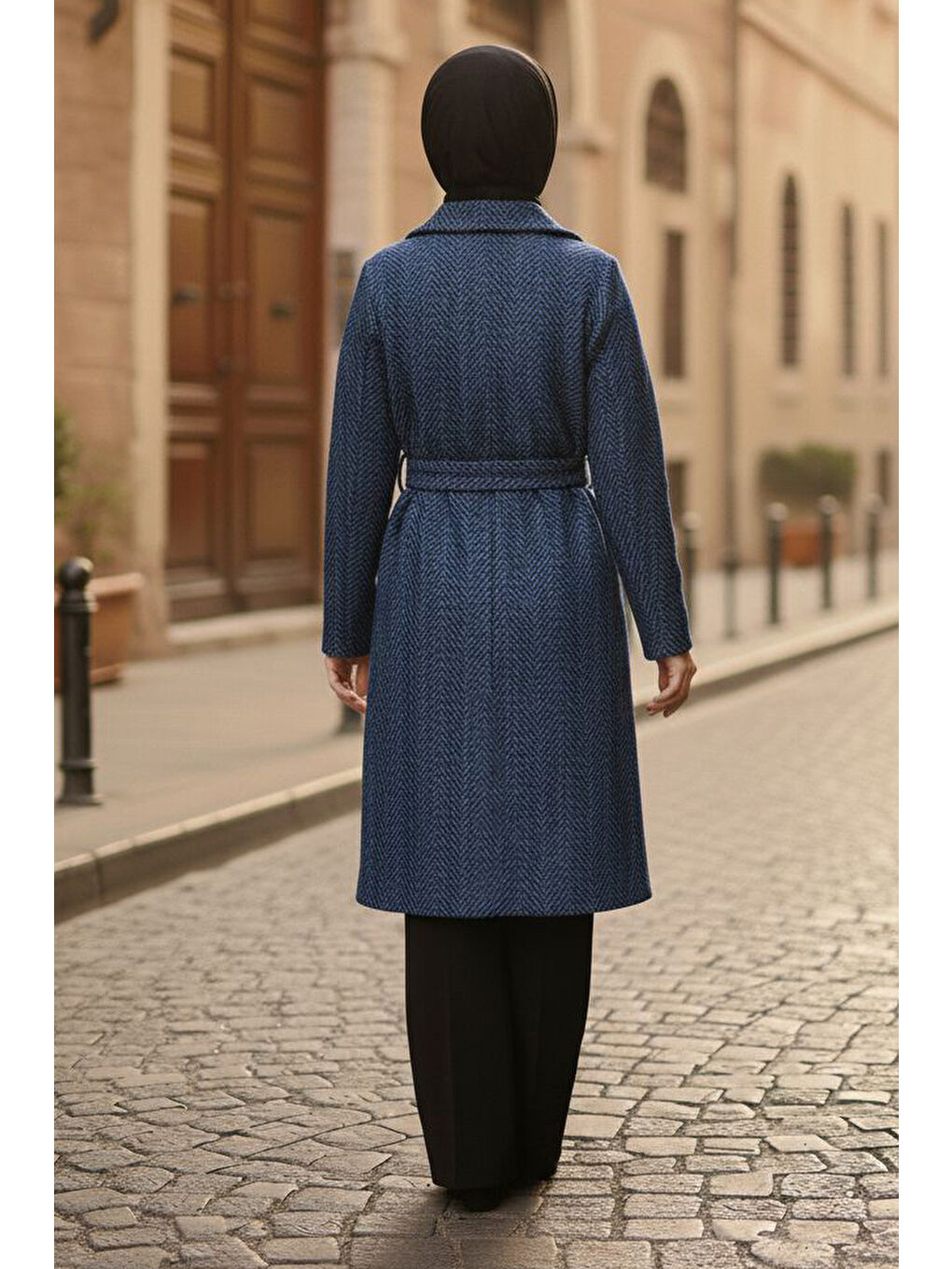 Desenli Kuşaklı Kaşe Kaban Lacivert - 28095-LACIVERT-2