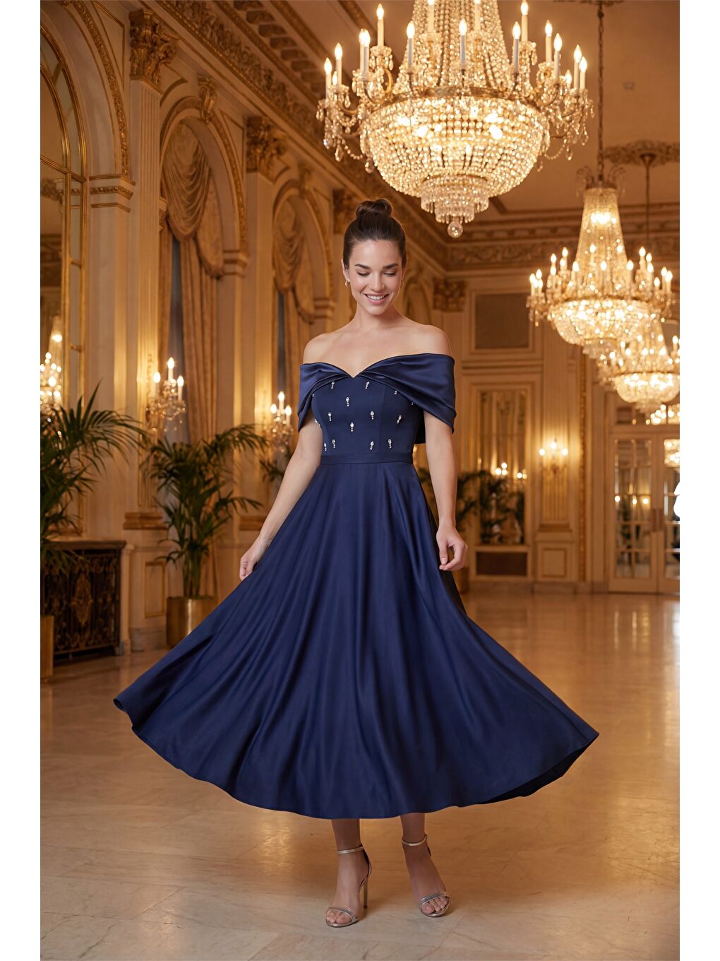 Kadın Lacivert Kayık Yaka Taş Detay Kloş Söz Nişan Nikah Abiye Elbise-3