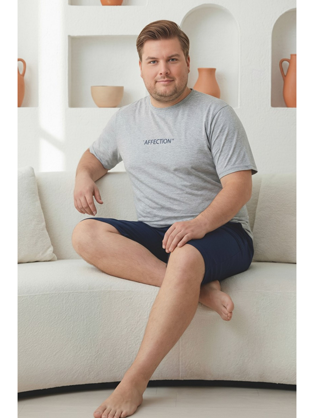 Gri %100 Pamuklu Kısa Kollu Cepli Büyük Beden Erkek Şortlu Pijama Takımı 2035-1