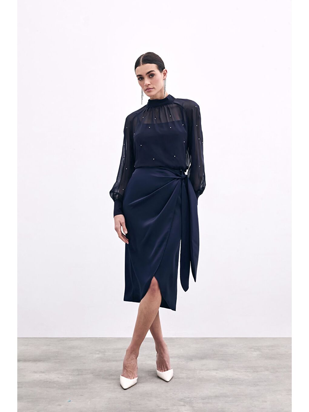 Bağlama Detaylı Kruvaze Etek - Lacivert-1