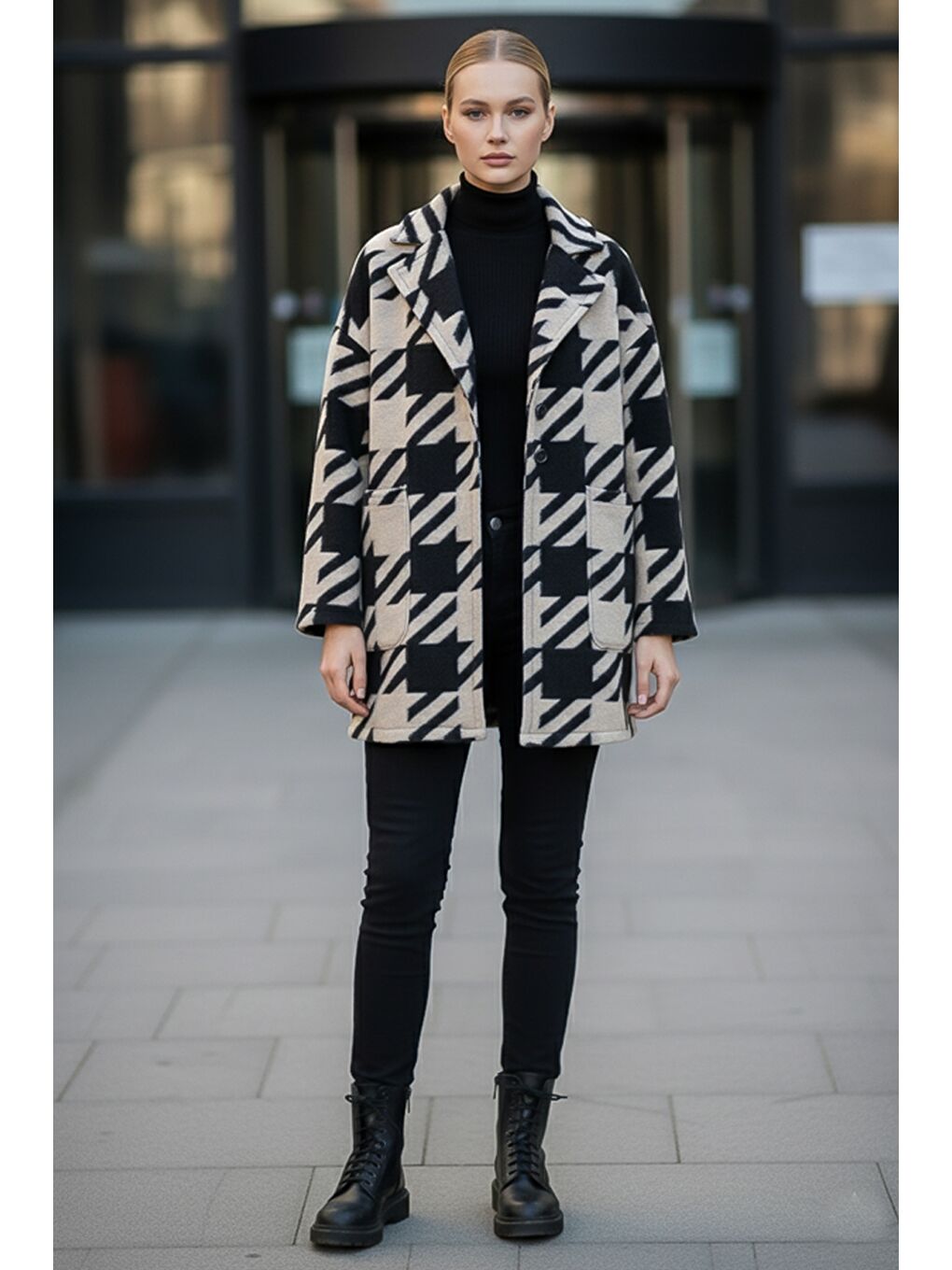 İtalyan Siyah-Bej Kimono Yaka Uzun Kol Kazayağı Kapamasız Cepli Casual Kaşe Dokuma Ceket 100 75-5