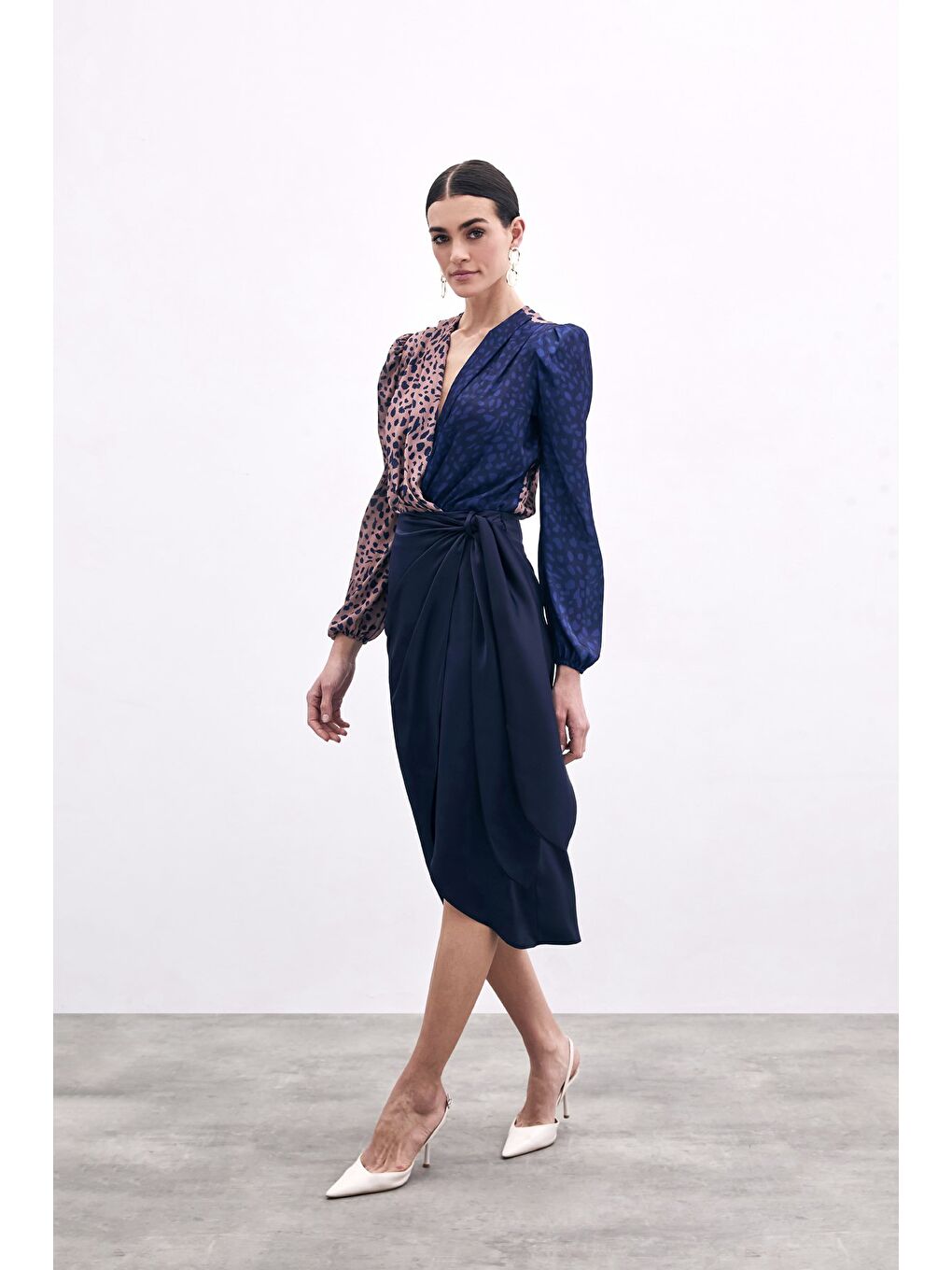 Bağlama Detaylı Kruvaze Etek - Lacivert-3