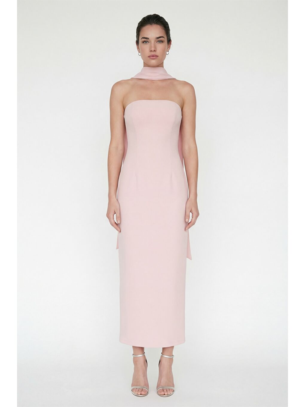 Pembe Kadın Pudra Şal Yaka Midi Söz Nişan Nikah Abiye Elbise