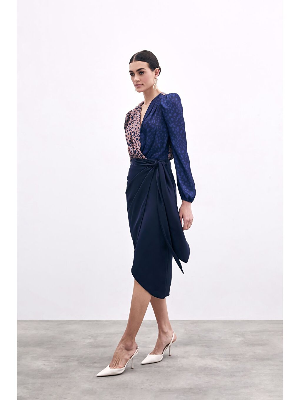 Bağlama Detaylı Kruvaze Etek - Lacivert-4