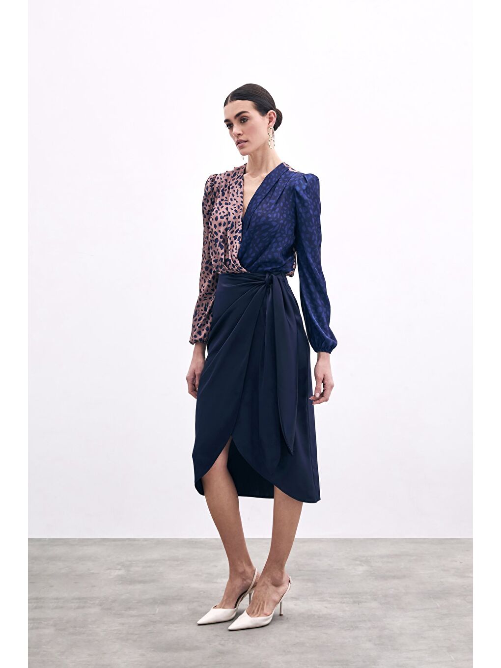 Bağlama Detaylı Kruvaze Etek - Lacivert-5