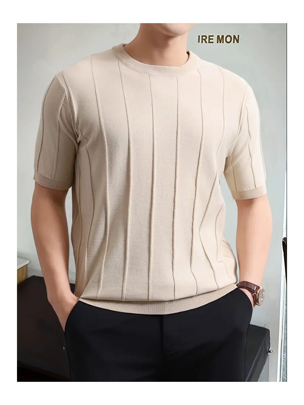 Bej Erkek Slim Dar Bisiklet Yaka Düz Triko T-Shirt-4