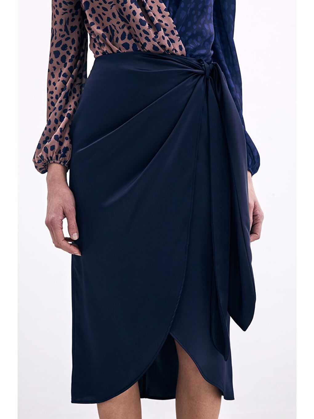 Bağlama Detaylı Kruvaze Etek - Lacivert-6