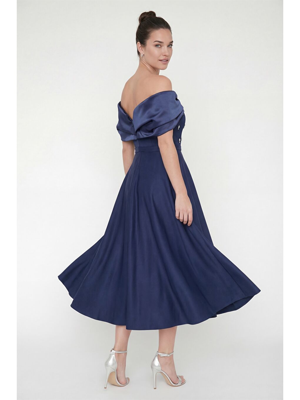 Kadın Lacivert Kayık Yaka Taş Detay Kloş Söz Nişan Nikah Abiye Elbise-4