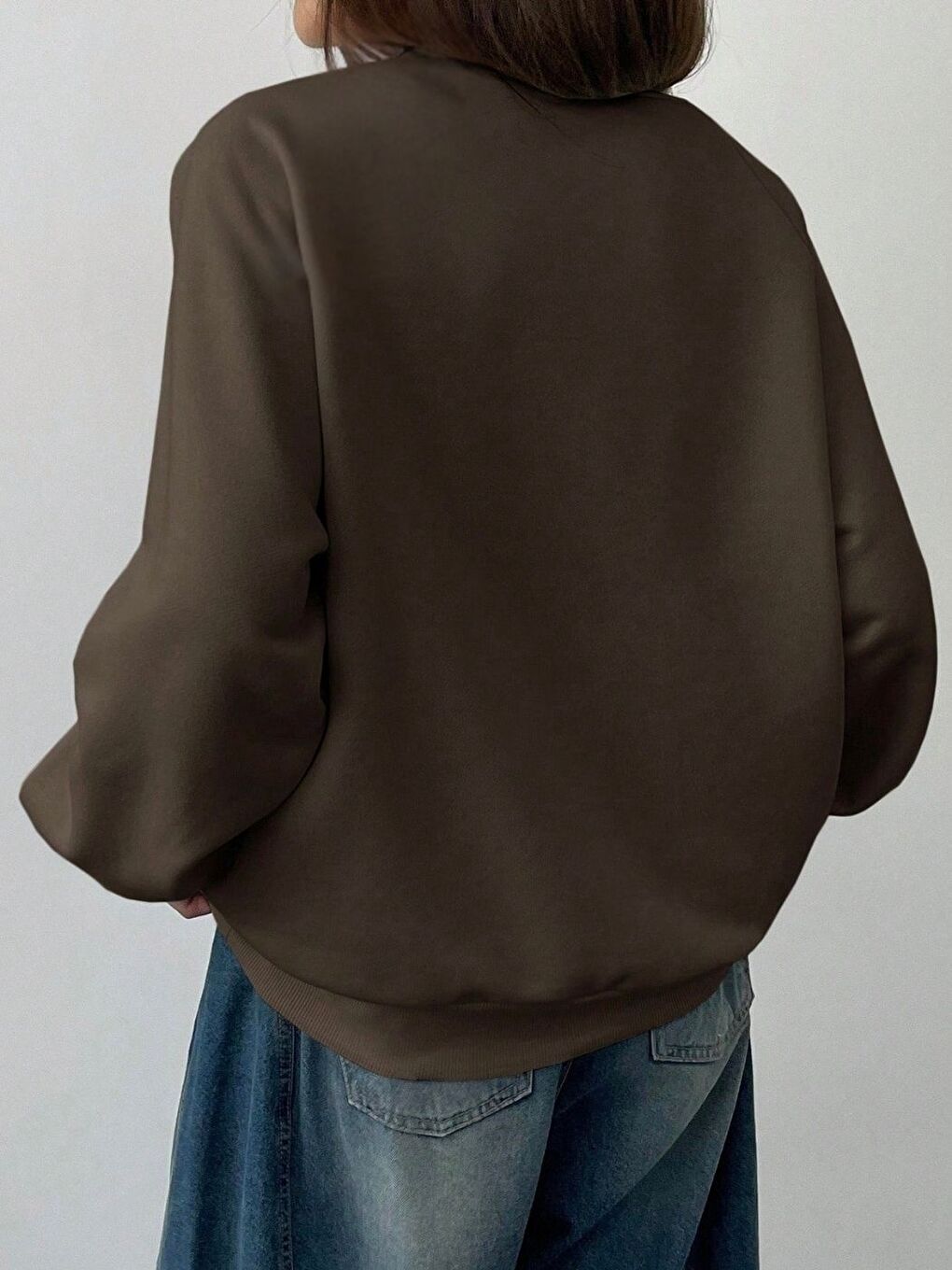Kahverengi Kadın Kahve Düz Bisiklet Yaka Sweatshirt-1