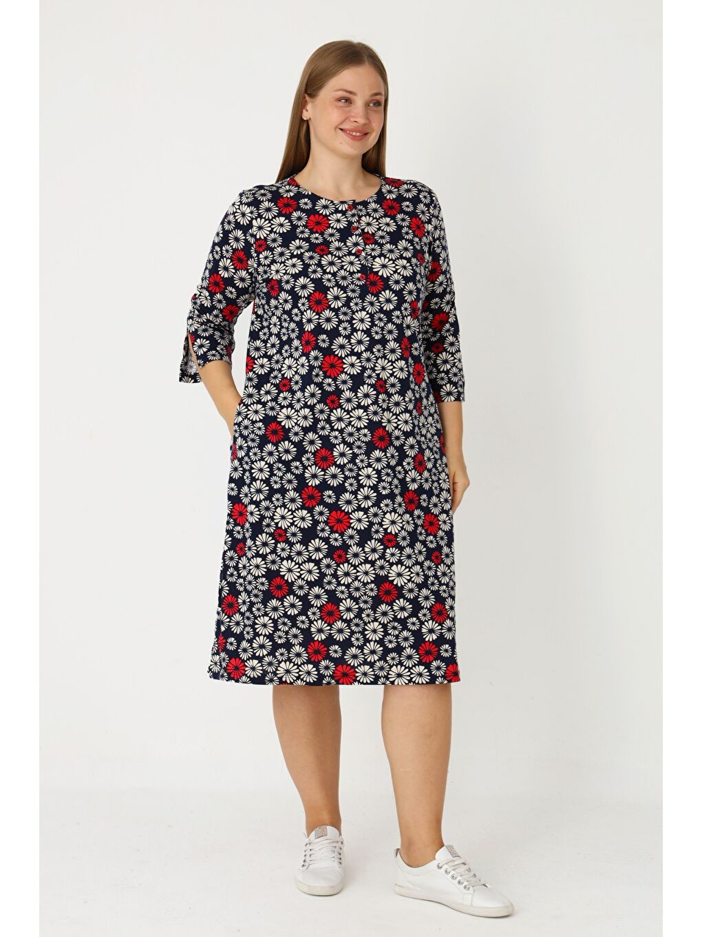 Lacivert Cepli Düğmeli Truvakar Kollu Cepli Pamuklu Kadın Büyük Beden Elbise-2