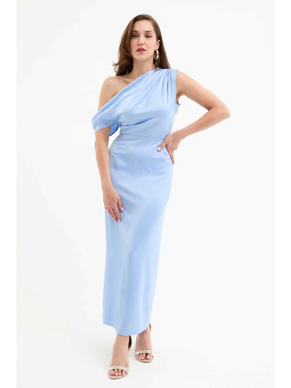 Kadın Mavi Degaje Yaka Yırtmaçlı Saten Midi Elbise