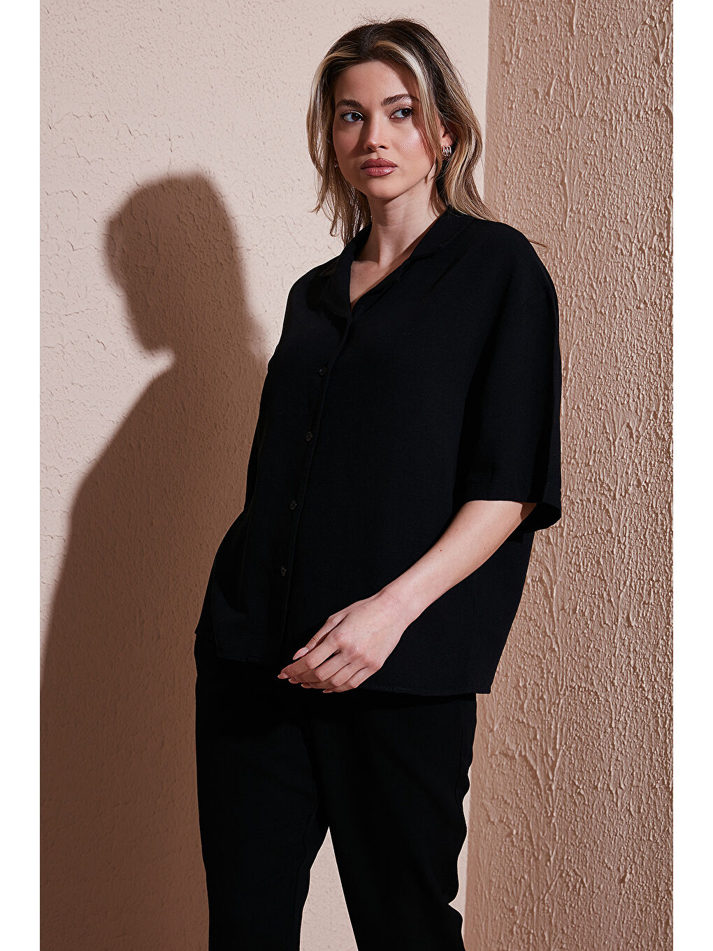 Siyah Keten Karışımlı Standart Fit Kısa Kollu Gömlek 25Y0605K1-3