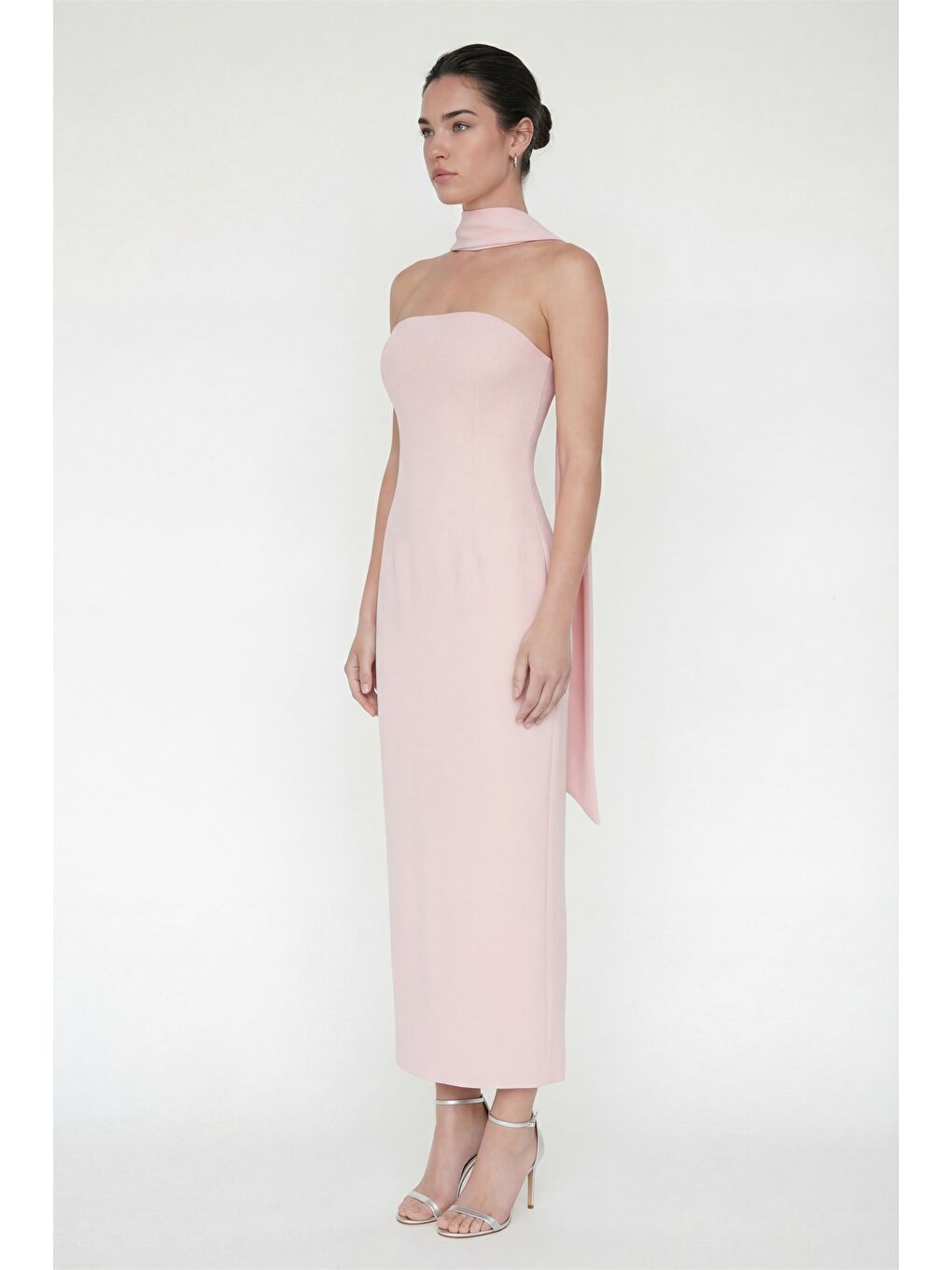 Pembe Kadın Pudra Şal Yaka Midi Söz Nişan Nikah Abiye Elbise-1