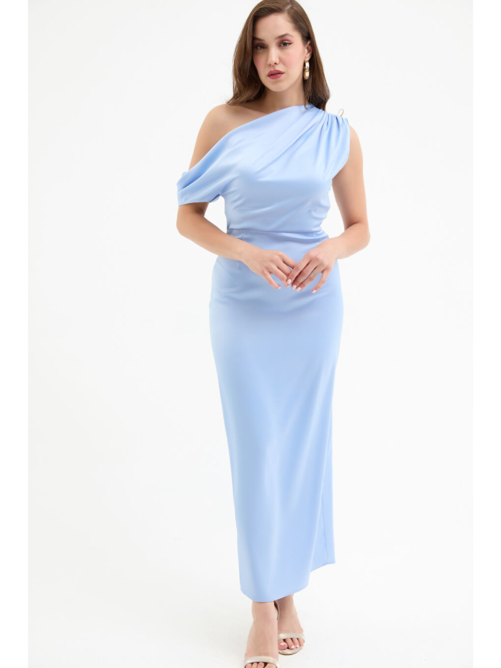 Kadın Mavi Degaje Yaka Yırtmaçlı Saten Midi Elbise-2