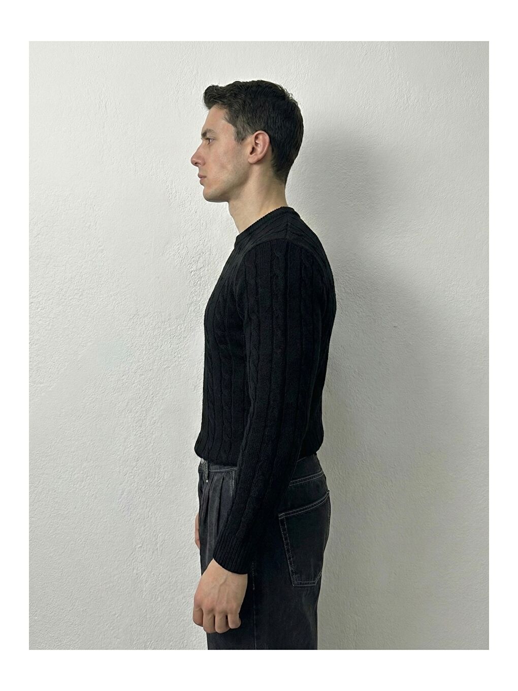 Siyah Erkek Bisiklet Yaka Slim Fit Saç Örgülü Triko Kazak-1