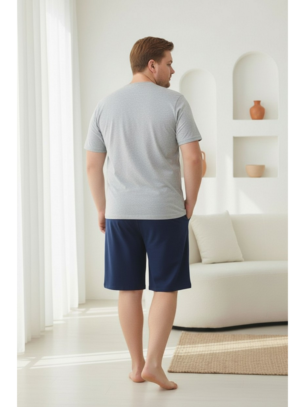 Gri %100 Pamuklu Kısa Kollu Cepli Büyük Beden Erkek Şortlu Pijama Takımı 2035-4
