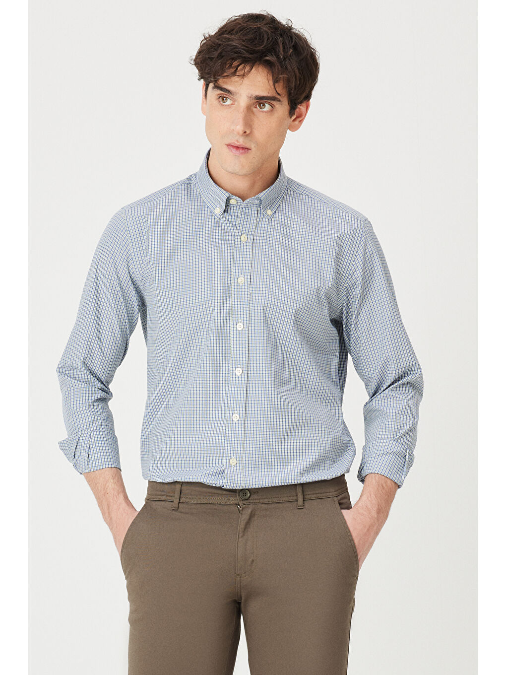 Erkek Yeşil Slim Fit Dar Kesim Düğmeli Yaka Pamuklu Kareli Gömlek