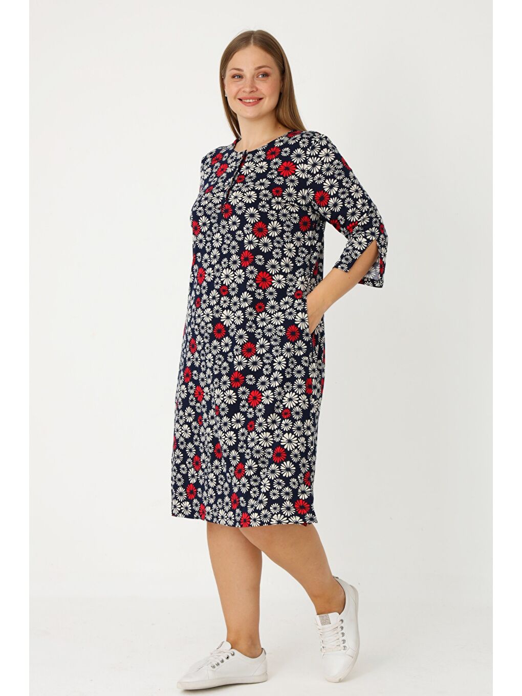 Lacivert Cepli Düğmeli Truvakar Kollu Cepli Pamuklu Kadın Büyük Beden Elbise-3